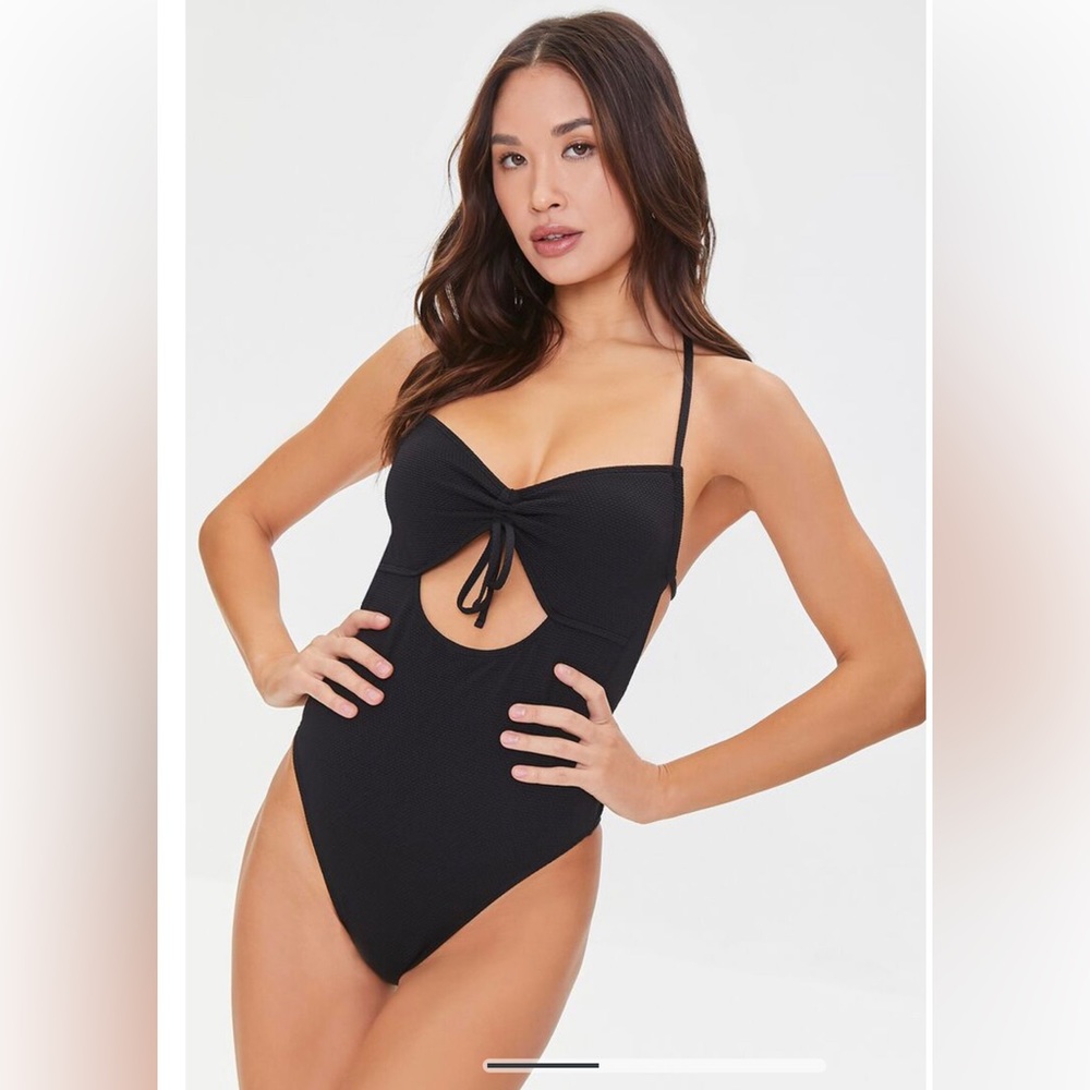 NWT Forever 21 Cutout Halter One-Piece Black Swimsuit Size L